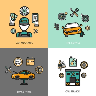Auto service design concept set with car mechanic tire service spare parts flat icons isolated vector illustration