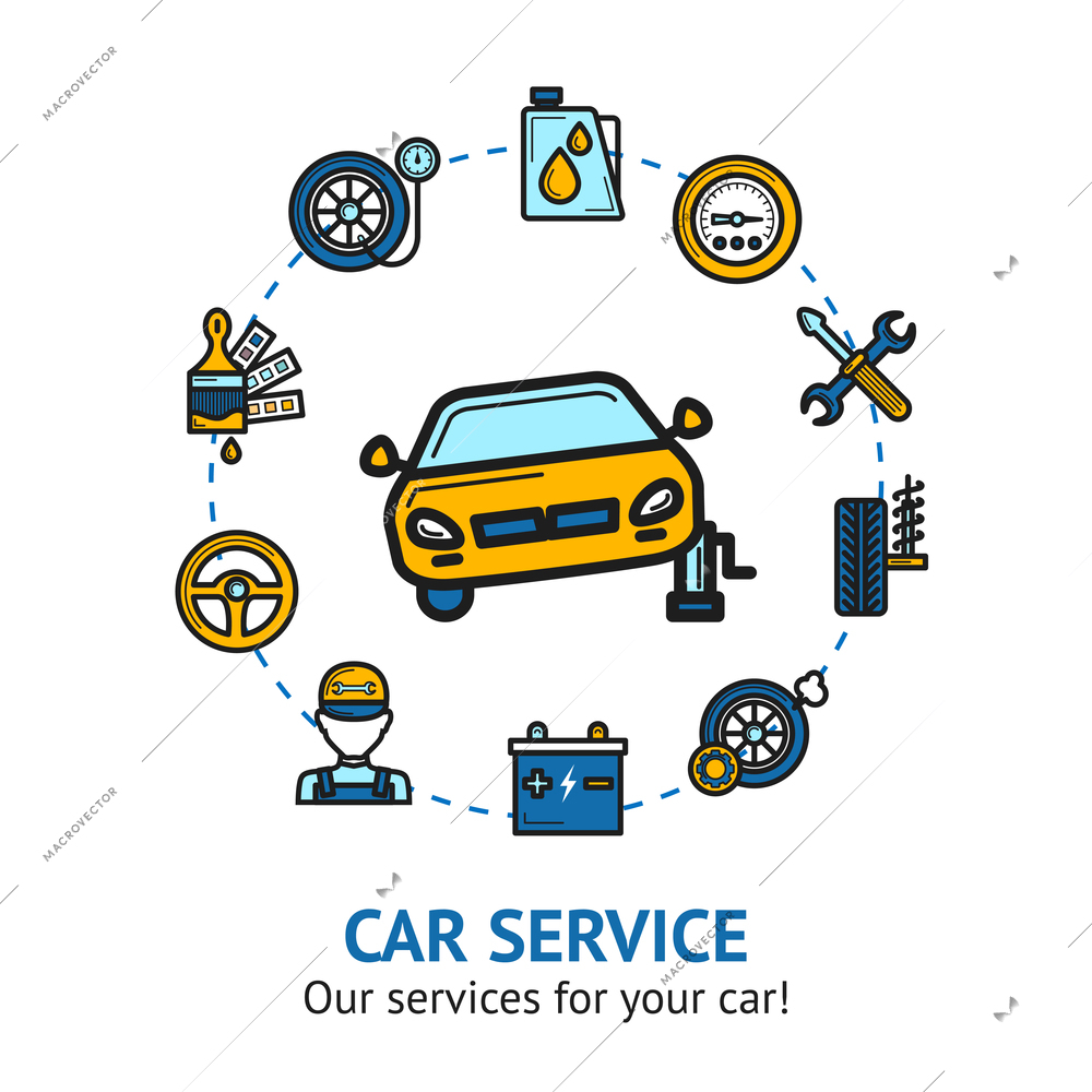 Car service concept with auto repair and maintenance decorative icons set vector illustration