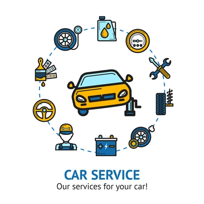 Car service concept with auto repair and maintenance decorative icons set vector illustration