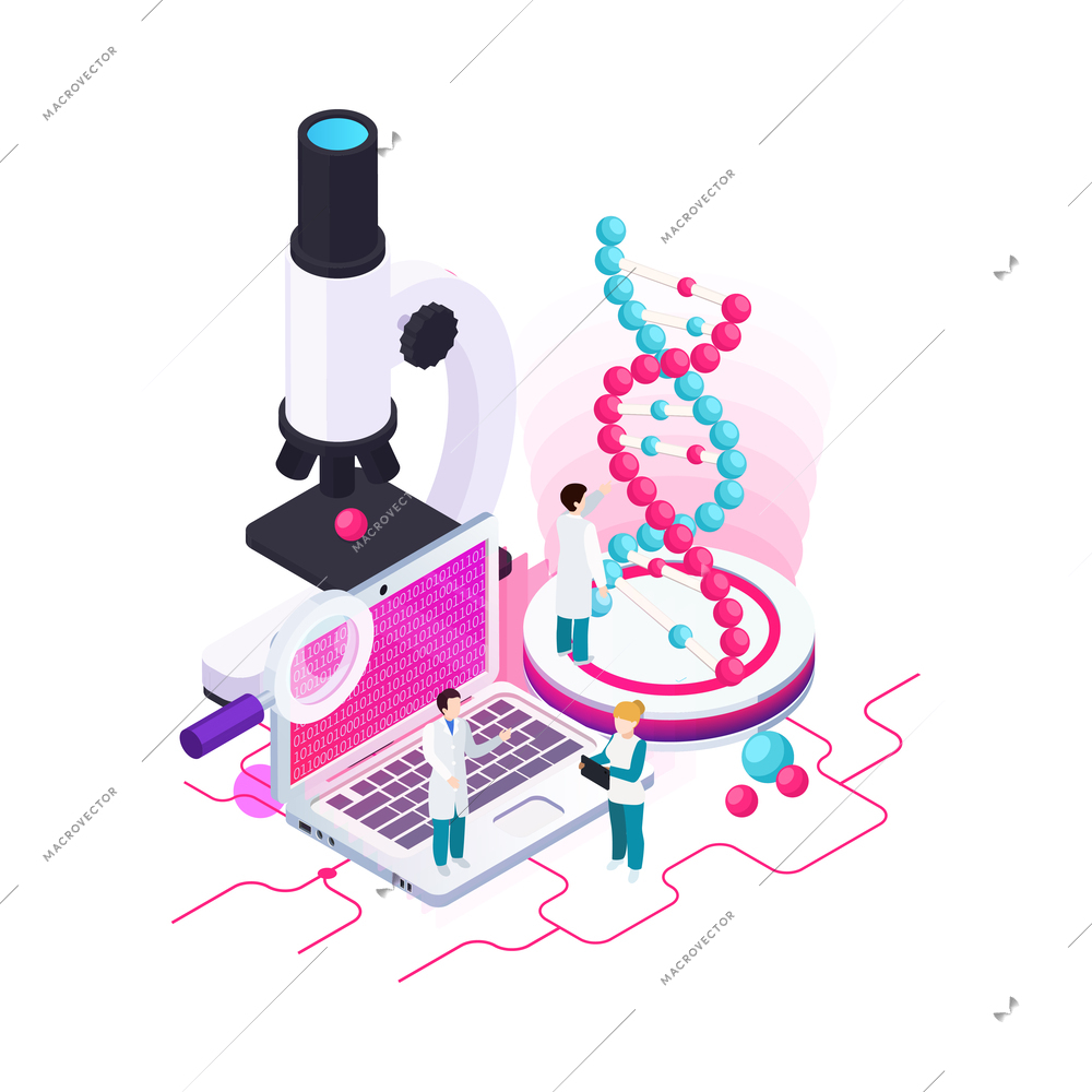 Nanotechnology isometric composition with icons of atoms lab equipment and human characters of scientists vector illustration