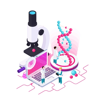 Nanotechnology isometric composition with icons of atoms lab equipment and human characters of scientists vector illustration