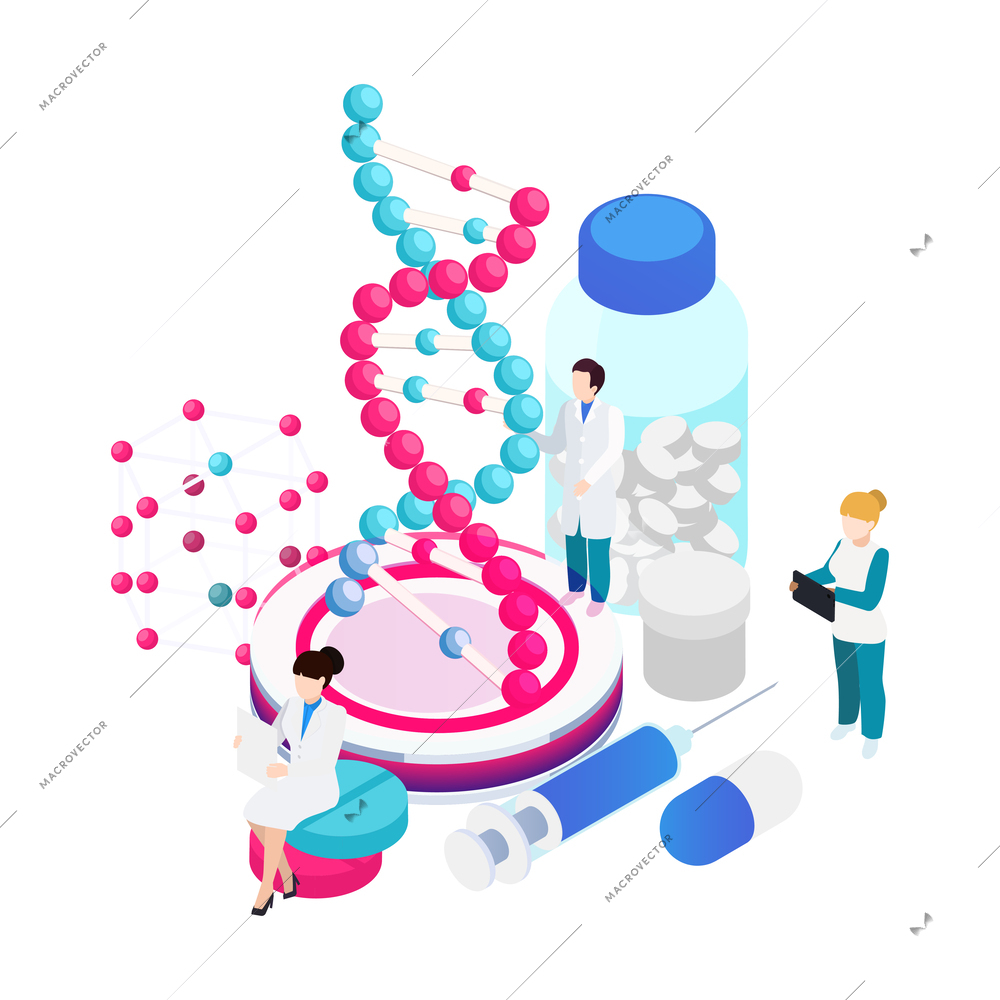 Nanotechnology isometric composition with icons of atoms lab equipment and human characters of scientists vector illustration