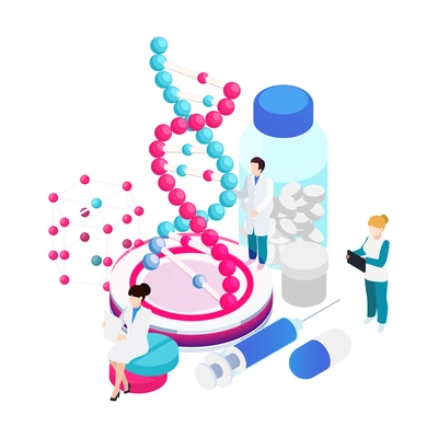 Nanotechnology isometric composition with icons of atoms lab equipment and human characters of scientists vector illustration