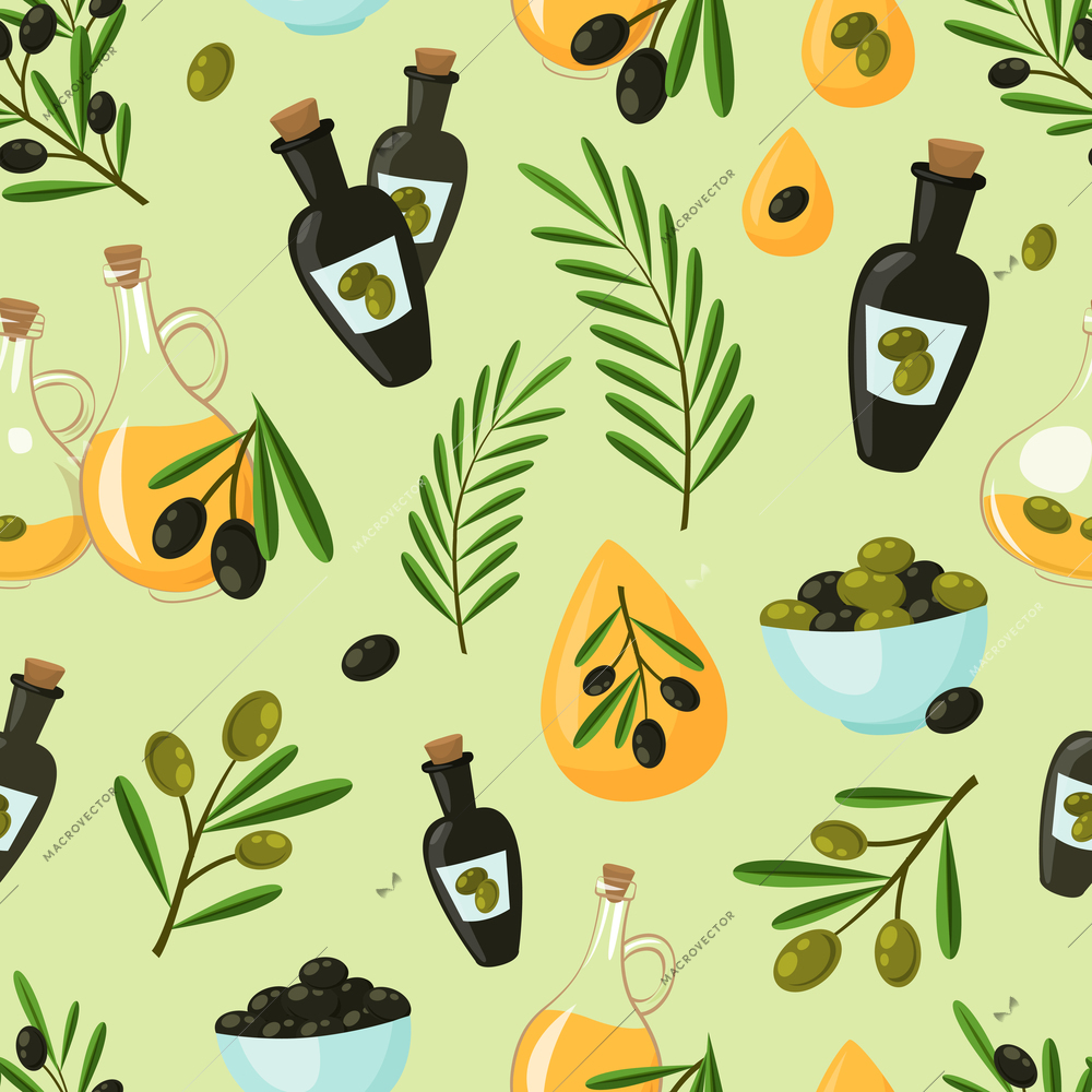 Natural olive seamless pattern with oil drops bottles and tree branches vector illustration