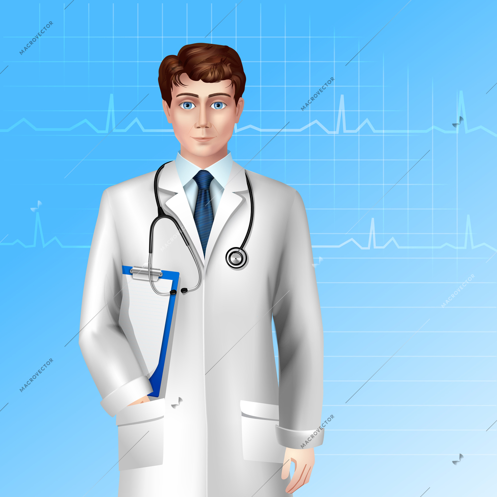 Young male doctor standing with stethoscope and clipboard poster vector illustration