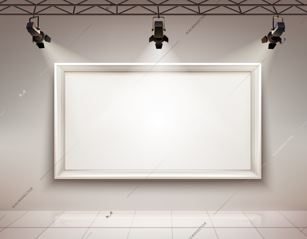 Gallery room interior with blank picture frame illuminated with spotlights realistic 3d vector illustration