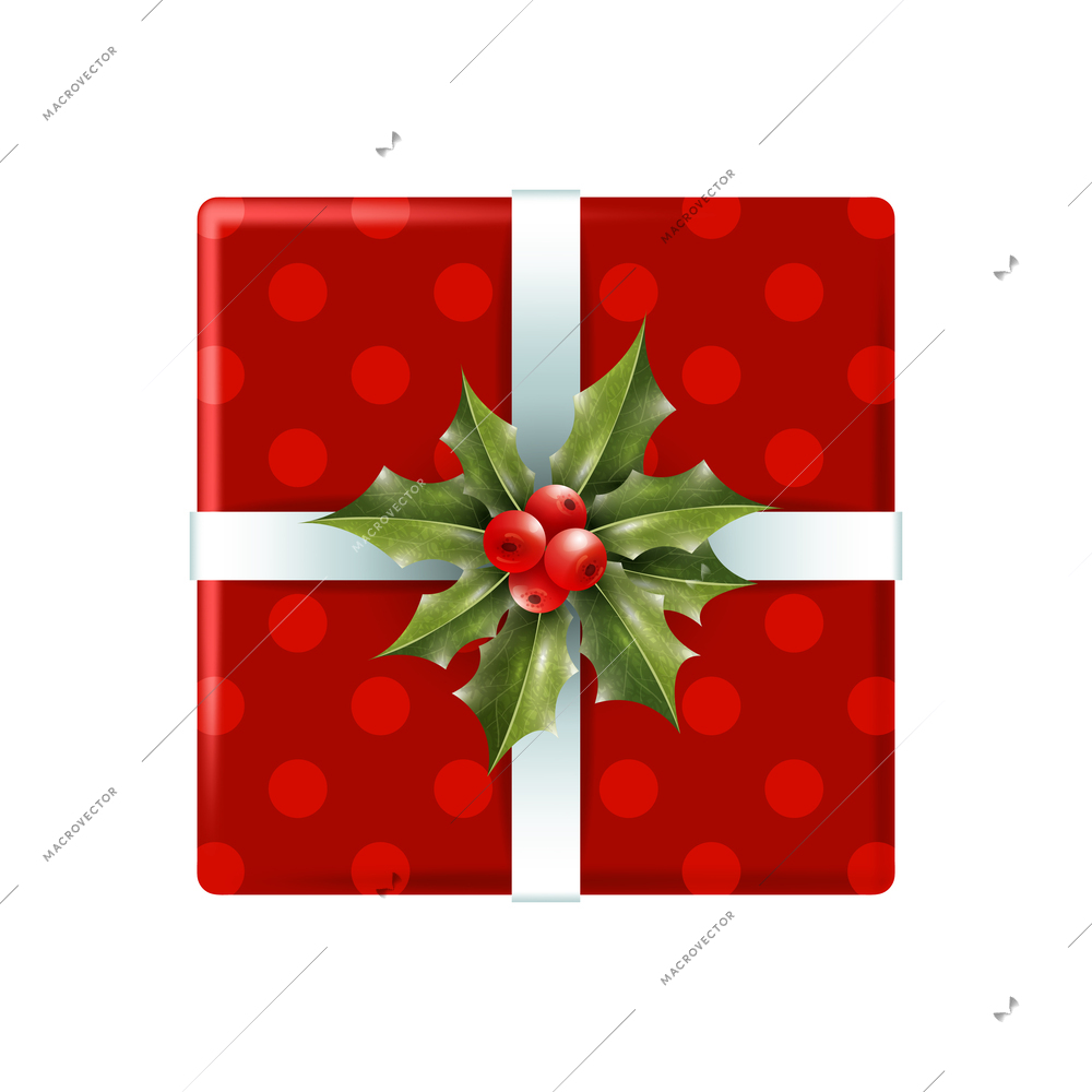 Christmas composition with isolated top view of wrapped gift box with colored ribbon and bow isolated vector illustration