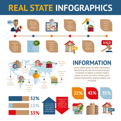 Real estate infographics set with property commercial building rent and sale symbols and charts vector illustration