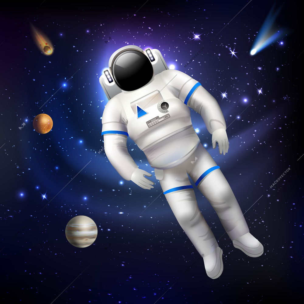 Professional spaceman astronaut in costume floating in outer space vector illustration