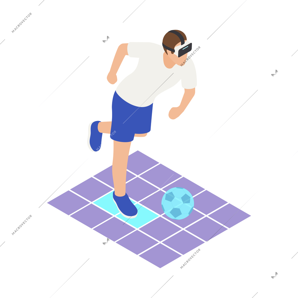 VR sports isometric icons composition with human character wearing helmet engaging sports activities vector illustration