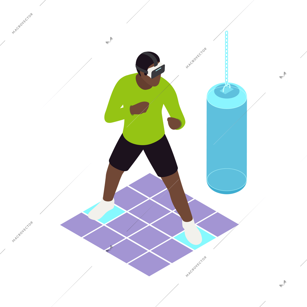 VR sports isometric icons composition with human character wearing helmet engaging sports activities vector illustration