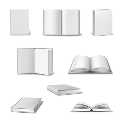 Realistic set of 3d open and closed books with blank white cover isolated vector illustration