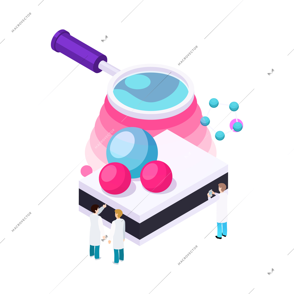 Nanotechnology isometric composition with icons of atoms lab equipment and human characters of scientists vector illustration