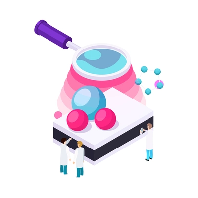 Nanotechnology isometric composition with icons of atoms lab equipment and human characters of scientists vector illustration