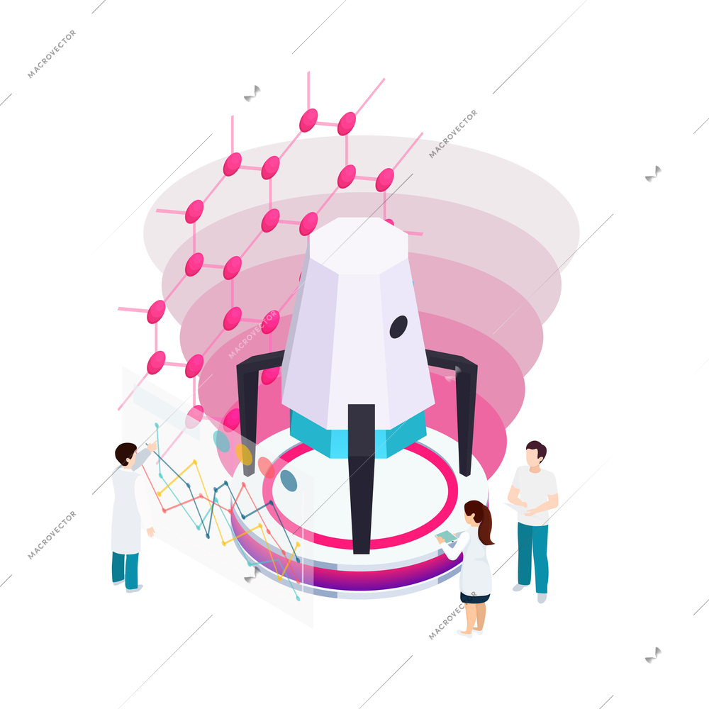 Nanotechnology isometric composition with icons of atoms lab equipment and human characters of scientists vector illustration