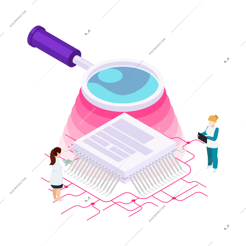 Nanotechnology isometric composition with icons of atoms lab equipment and human characters of scientists vector illustration