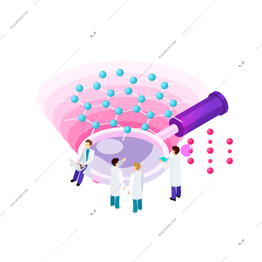 Nanotechnology isometric composition with icons of atoms lab equipment and human characters of scientists vector illustration