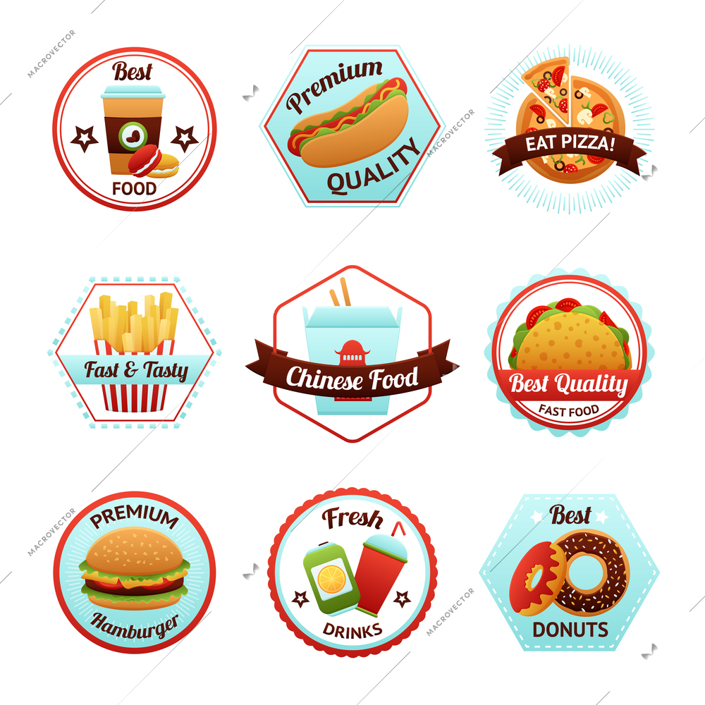 Fast food emblems set with donut soda potato chips isolated vector illustration