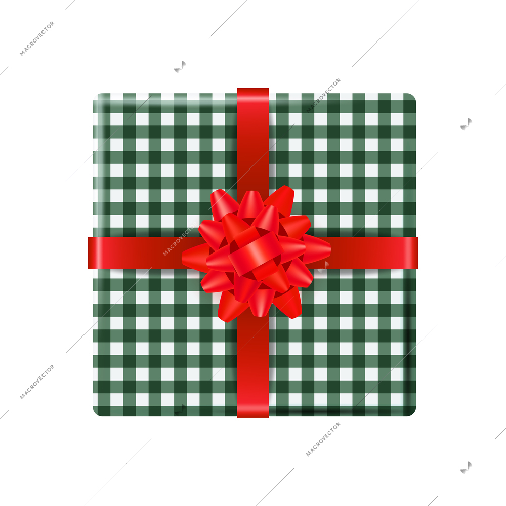 Christmas composition with isolated top view of wrapped gift box with colored ribbon and bow isolated vector illustration