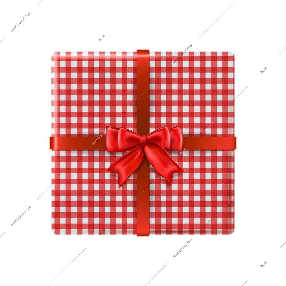 Christmas composition with isolated top view of wrapped gift box with colored ribbon and bow isolated vector illustration