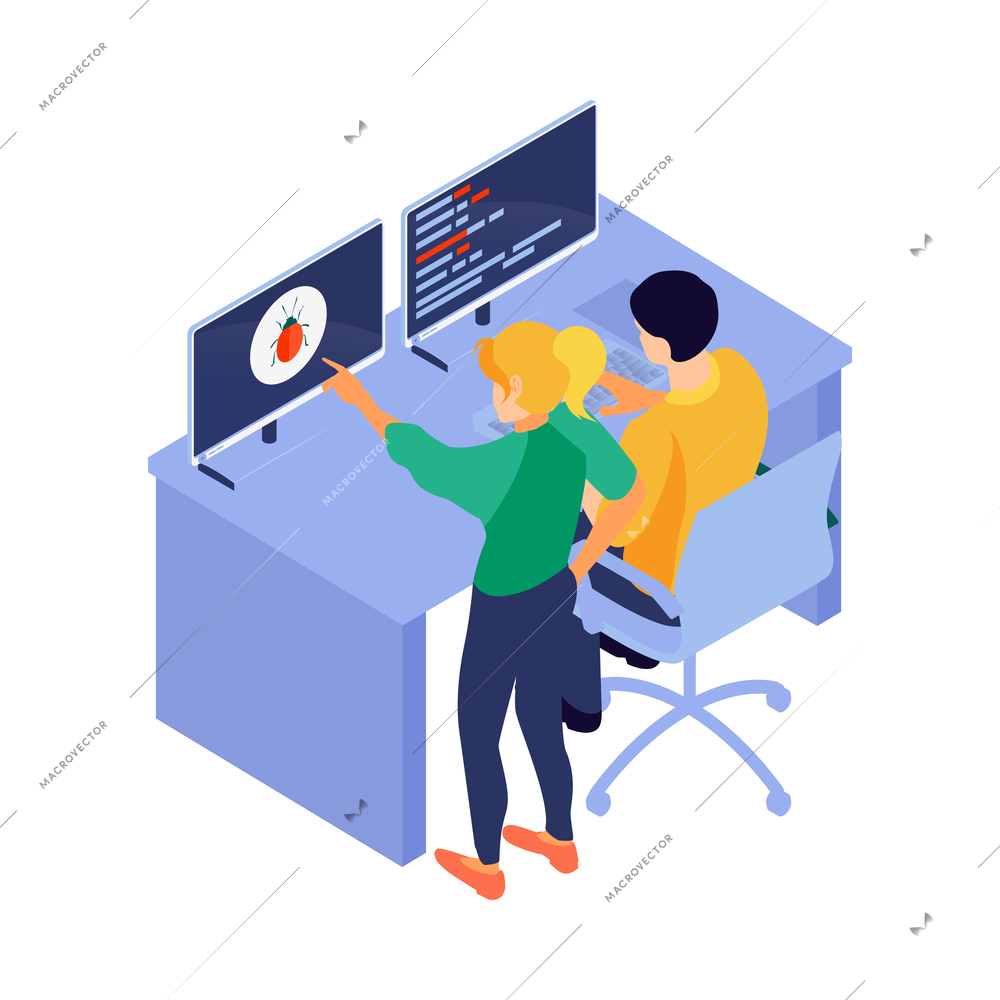 Isometric programmers composition with human characters of coding people with computers and pictograms vector illustration