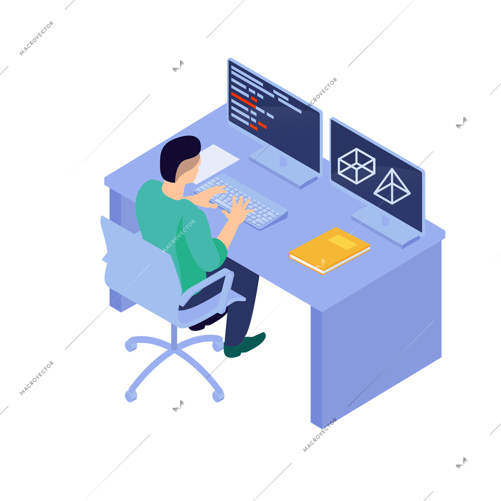 Isometric programmers composition with human character of coding person with computer and pictograms vector illustration