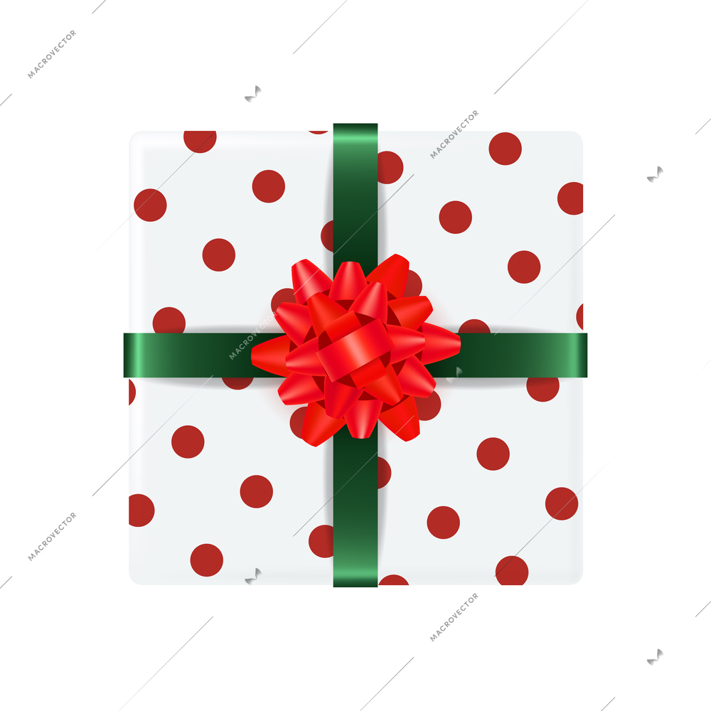 Christmas composition with isolated top view of wrapped gift box with colored ribbon and bow isolated vector illustration