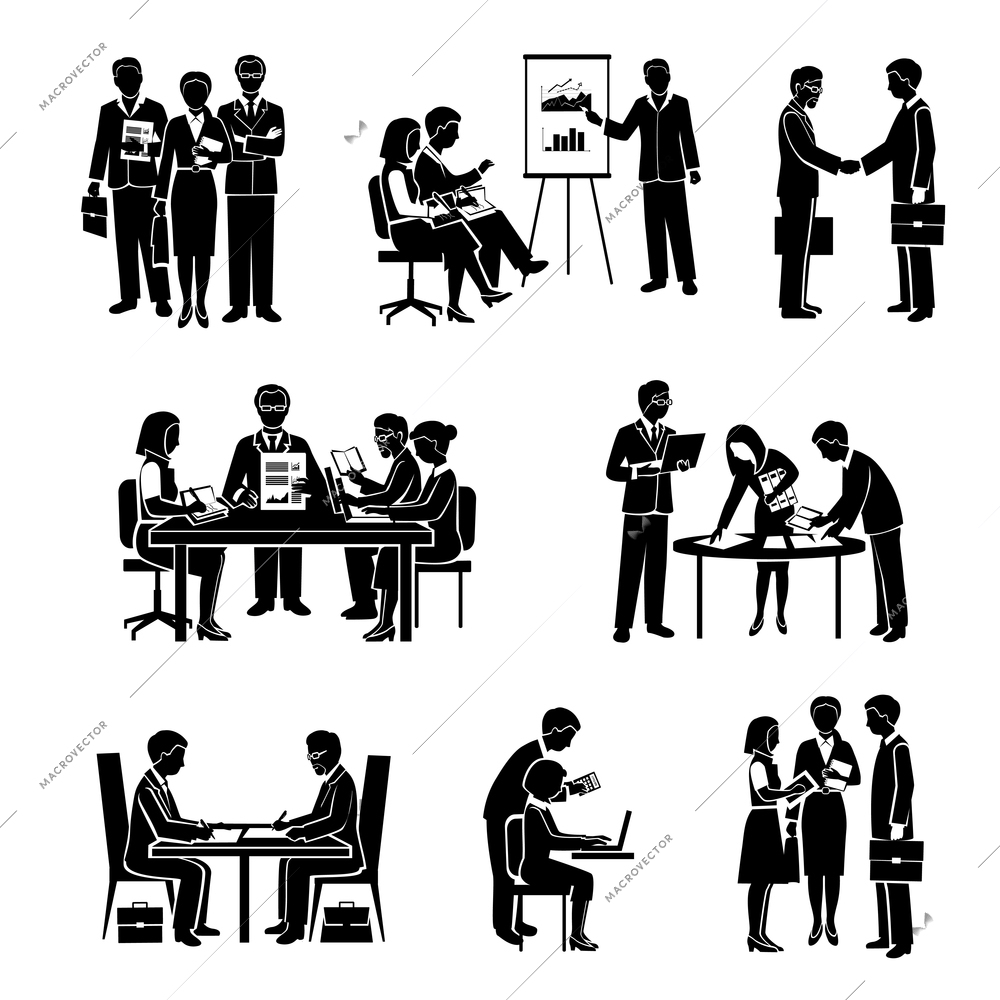 Teamwork icons black set with business people and organized group activity isolated vector illustration