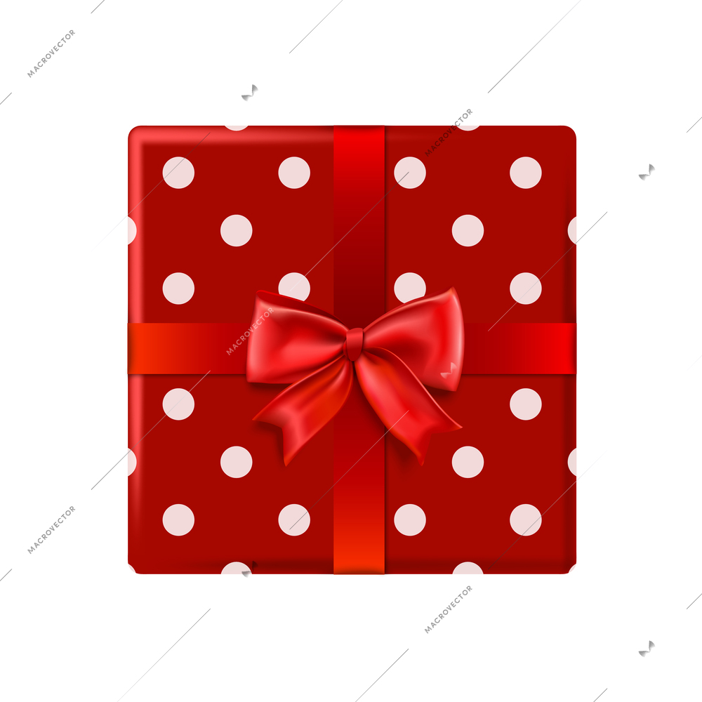 Christmas composition with isolated top view of wrapped gift box with colored ribbon and bow isolated vector illustration