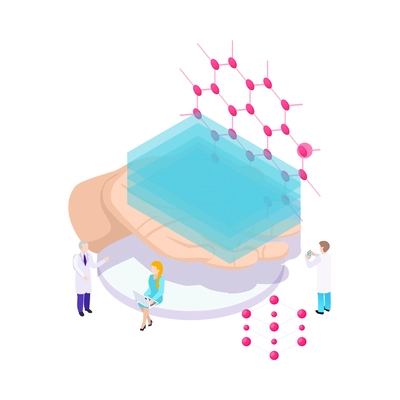 Nanotechnology isometric composition with icons of atoms lab equipment and human characters of scientists vector illustration