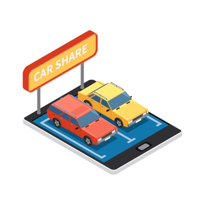Carsharing carpooling ridesharing isometric composition with conceptual icons and human characters vector illustration