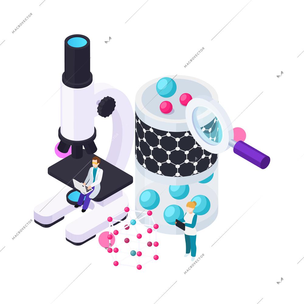 Nanotechnology isometric composition with icons of atoms lab equipment and human characters of scientists vector illustration