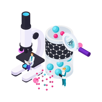 Nanotechnology isometric composition with icons of atoms lab equipment and human characters of scientists vector illustration