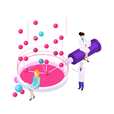 Nanotechnology isometric composition with icons of atoms lab equipment and human characters of scientists vector illustration