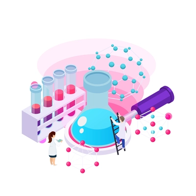 Nanotechnology isometric composition with icons of atoms lab equipment and human characters of scientists vector illustration