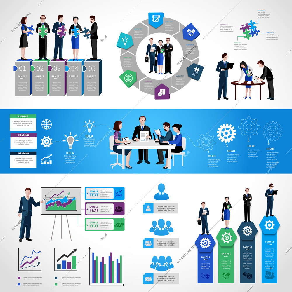 Teamwork infographic set with business people on conference meeting discussion symbols and charts vector illustration