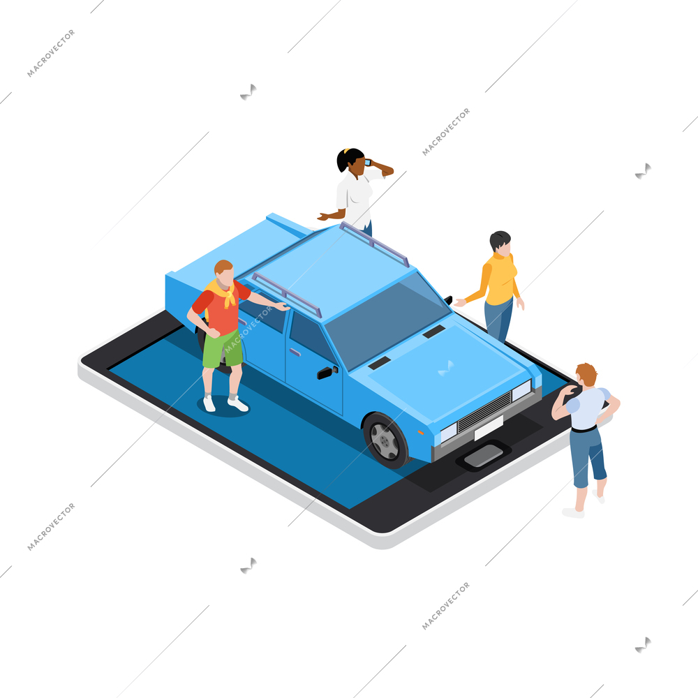 Carsharing carpooling ridesharing isometric composition with conceptual icons and human characters vector illustration