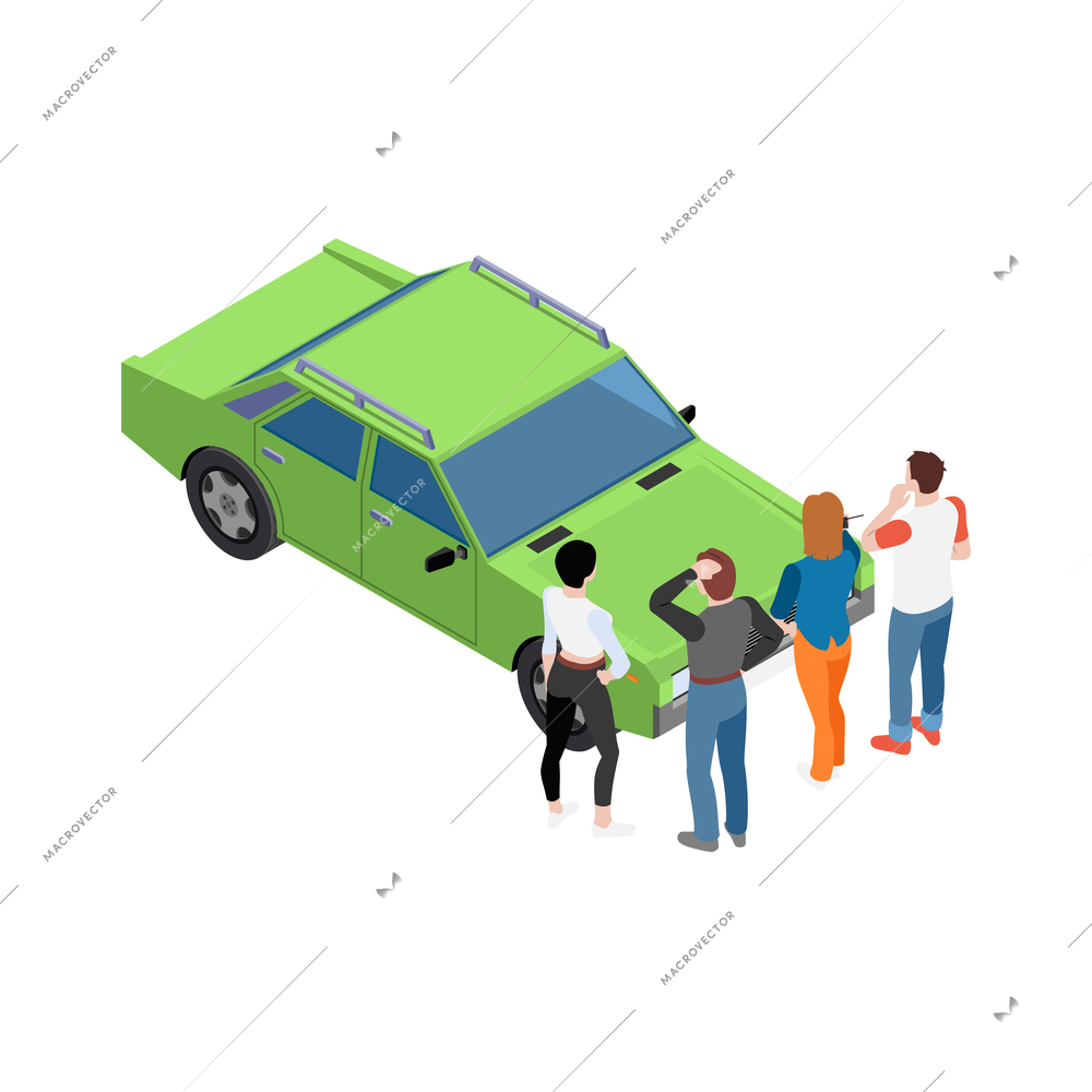 Carsharing carpooling ridesharing isometric composition with conceptual icons and human characters vector illustration