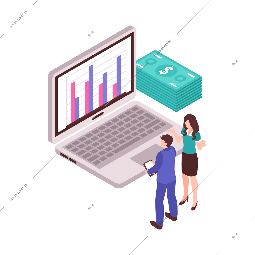 Isometric business analyst professional composition with conceptual financial analysis icons and people vector illustration