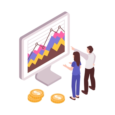 Isometric business analyst professional composition with conceptual financial analysis icons and people vector illustration