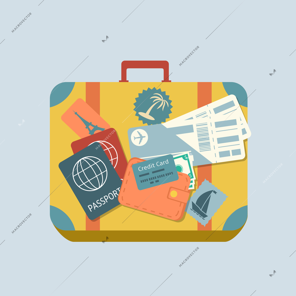 Travel suitcase with stickers passport and plane tickets isolated vector illustration