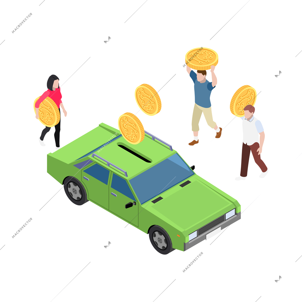 Carsharing carpooling ridesharing isometric composition with conceptual icons and human characters vector illustration