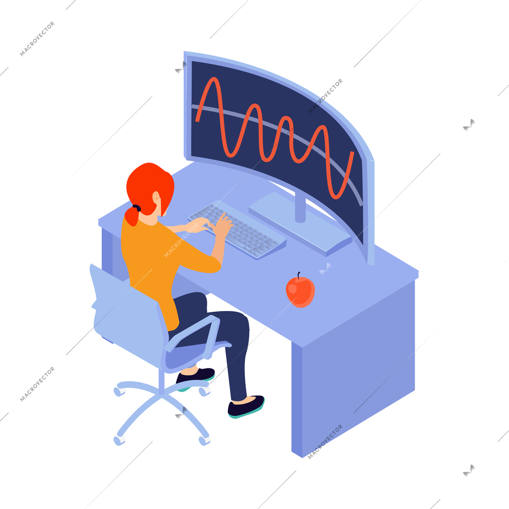 Isometric programmers composition with human character of coding person with computer and pictograms vector illustration