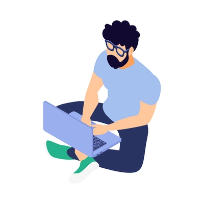 Isometric programmers composition with human character of coding person with computer and pictograms vector illustration