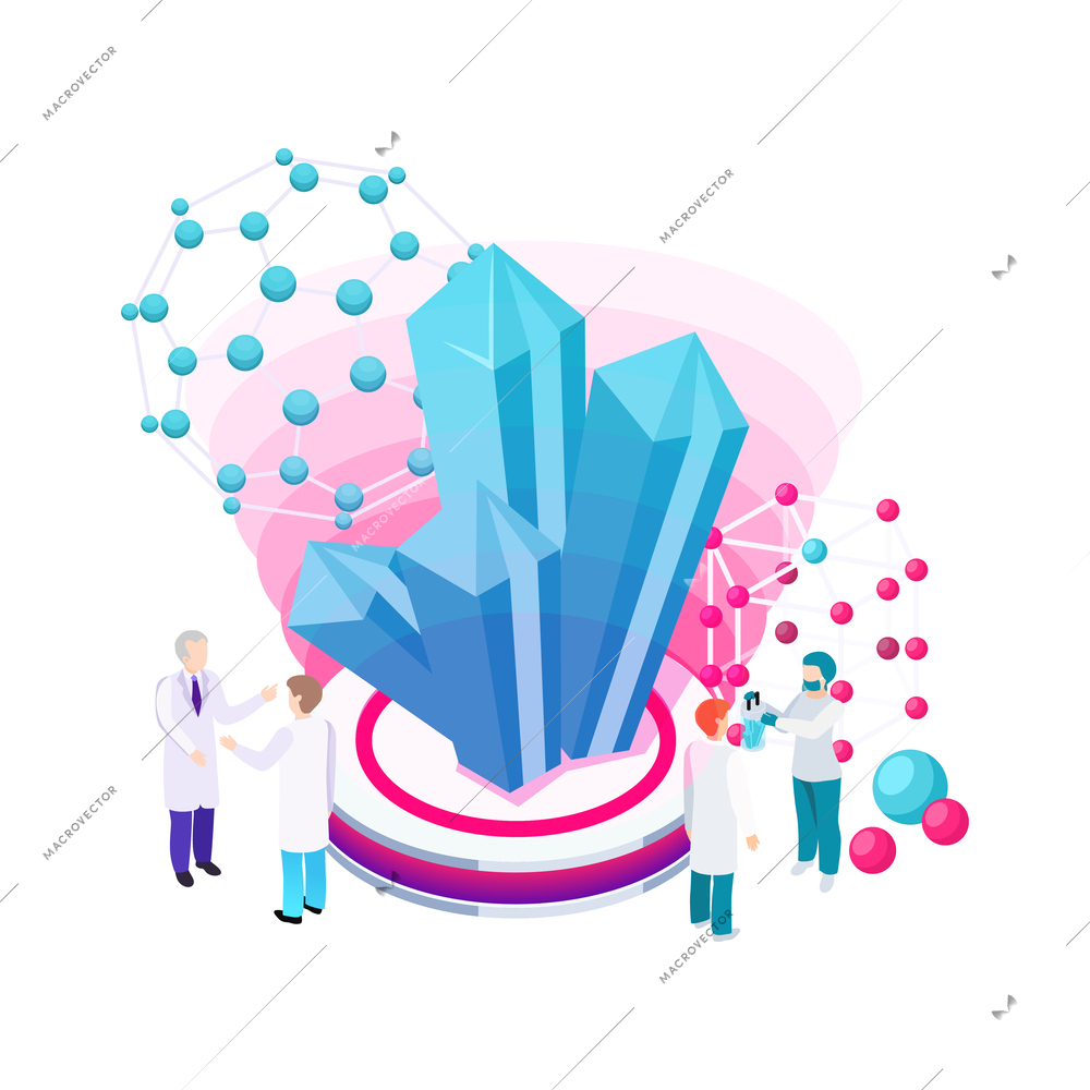 Nanotechnology isometric composition with icons of atoms lab equipment and human characters of scientists vector illustration