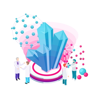 Nanotechnology isometric composition with icons of atoms lab equipment and human characters of scientists vector illustration