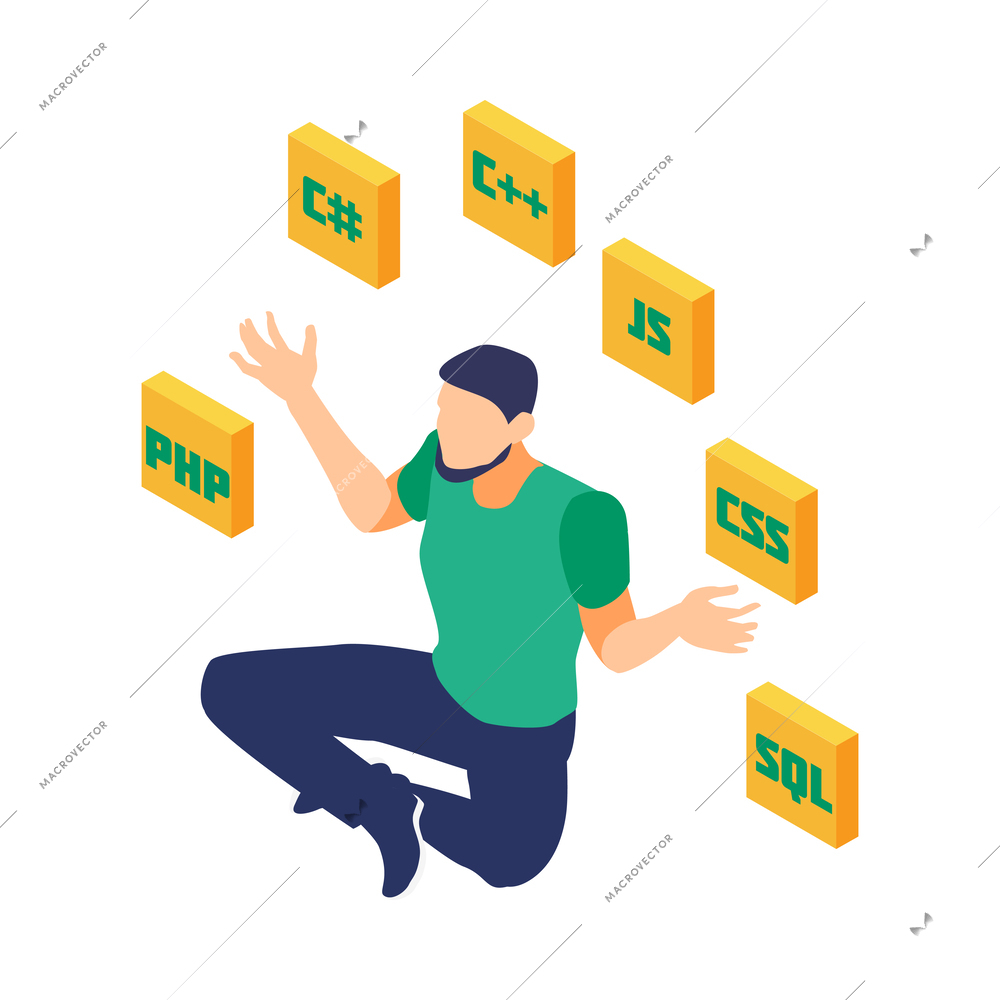 Isometric programmers composition with human character of coding person with computer and pictograms vector illustration