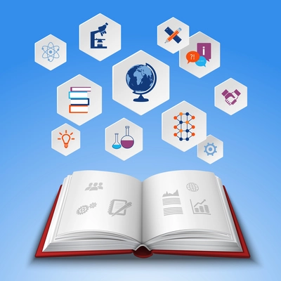Education concept with realistic open book and hexagon knowledge icons set vector illustration