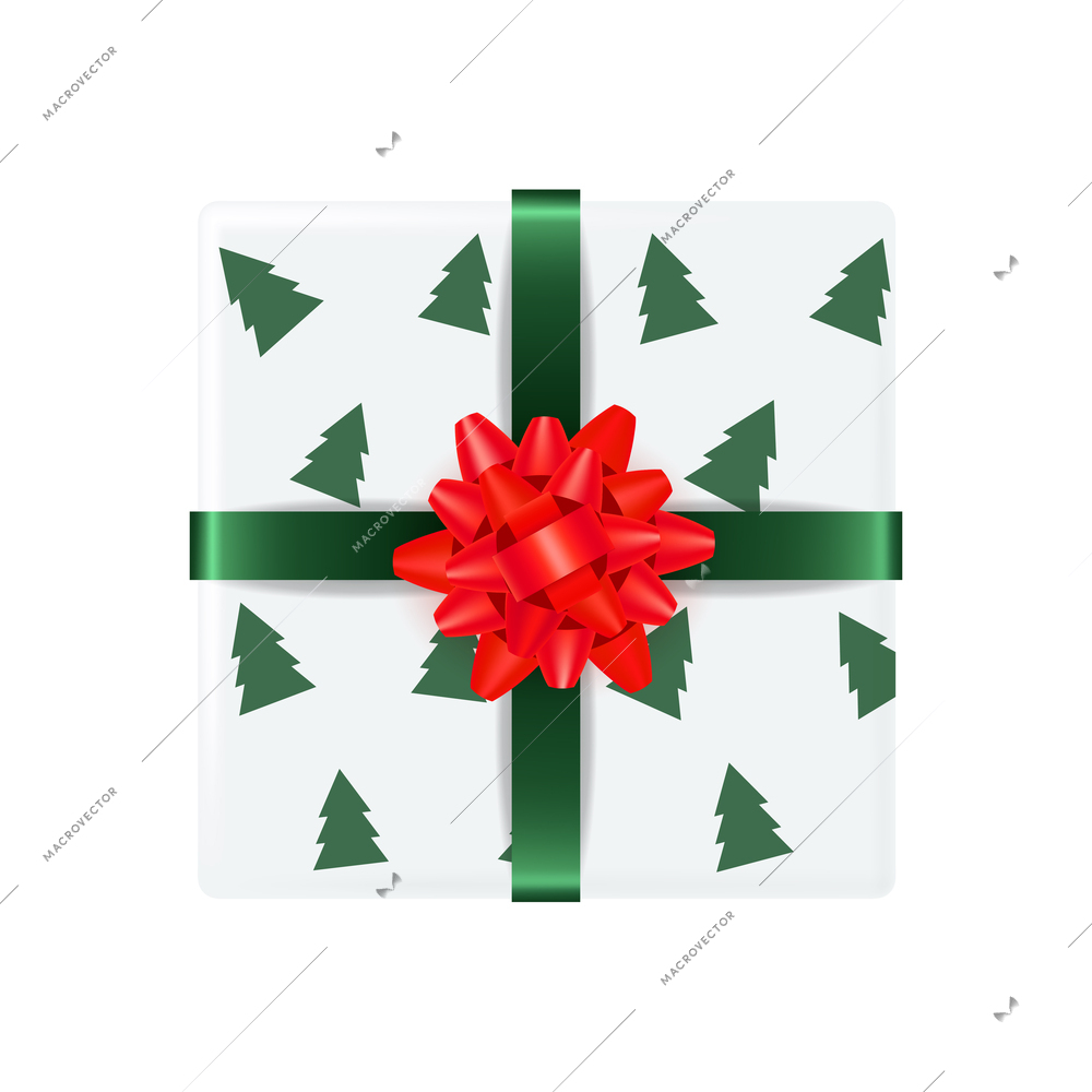 Christmas composition with isolated top view of wrapped gift box with colored ribbon and bow isolated vector illustration