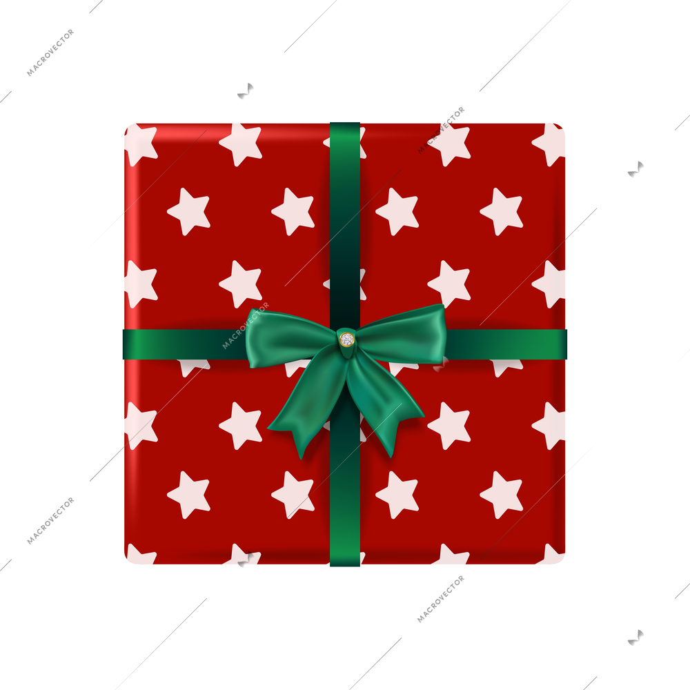 Christmas composition with isolated top view of wrapped gift box with colored ribbon and bow isolated vector illustration